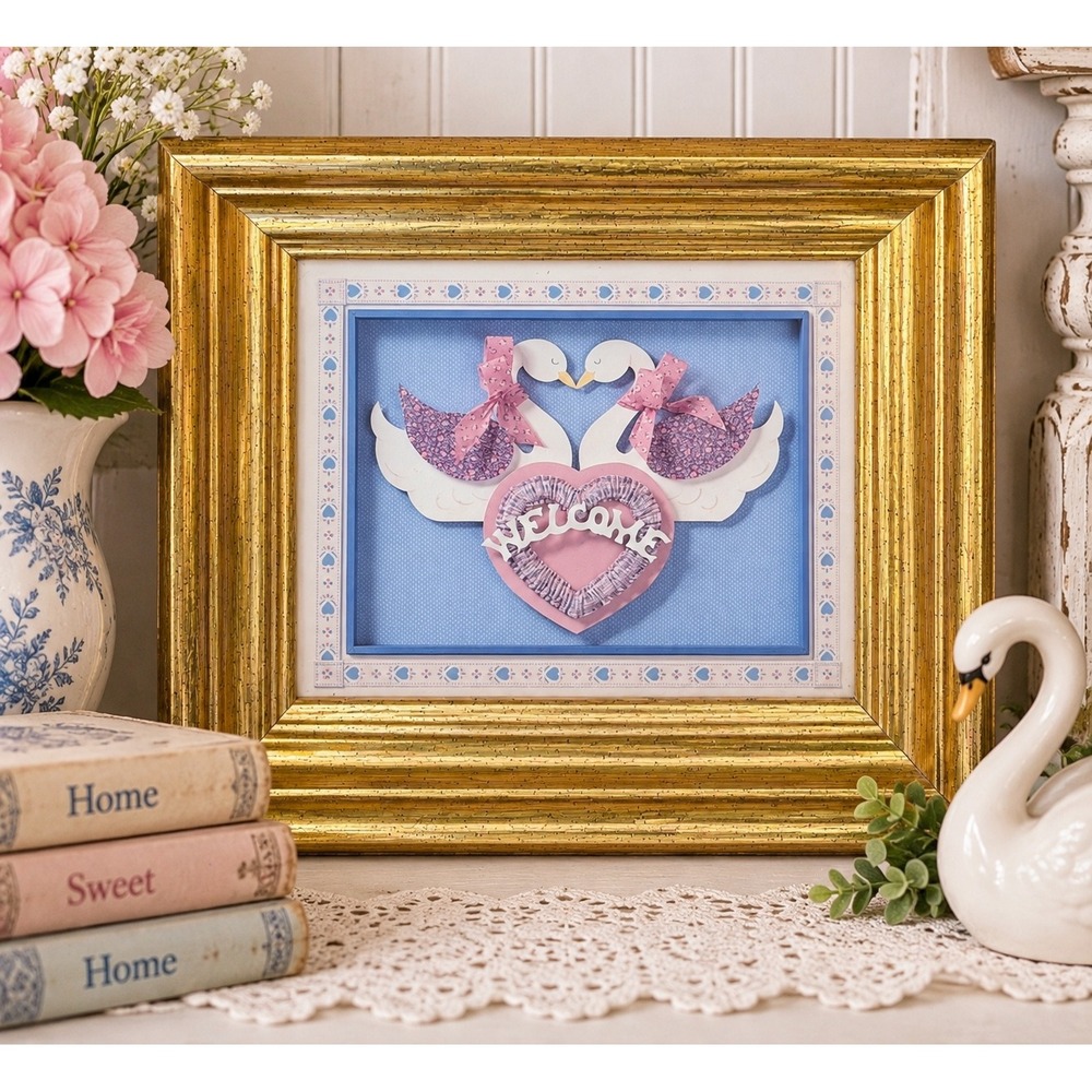 Vintage Style Swan Welcome Shadow Box 3D Art Gold Frame Cottagecore Wall Decor